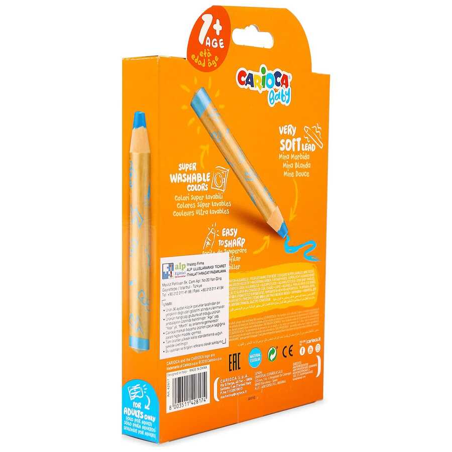 Carioca Jumbo Bebek Ahşap Gövdeli Boya Kalemi 3in1 6'Lı Kalemtraş Hediyeli+1 Yaş