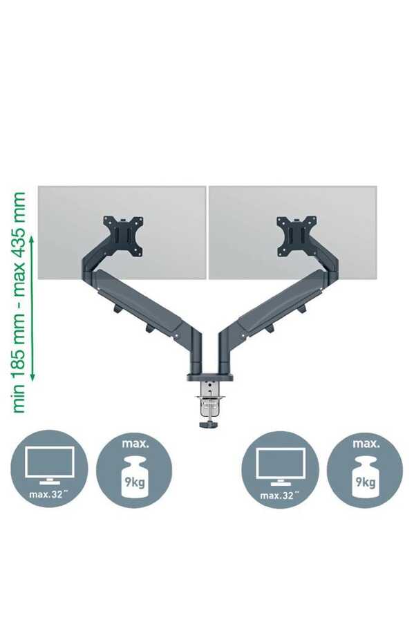Leitz 6537 Ergo Yerden Tasarruf Sağlayan İkili Monitör Kolu Koyu Gri (65370089)