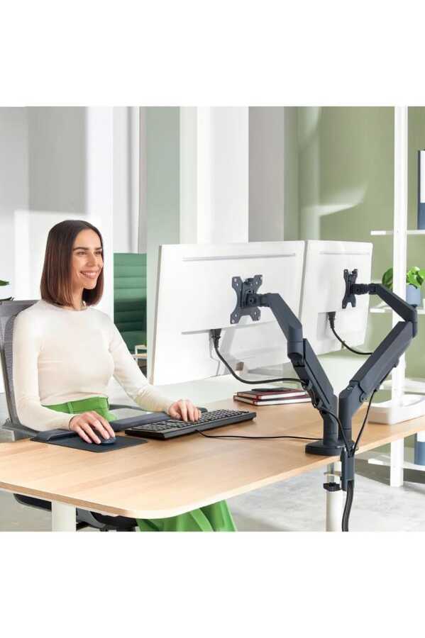 Leitz 6537 Ergo Yerden Tasarruf Sağlayan İkili Monitör Kolu Koyu Gri (65370089)