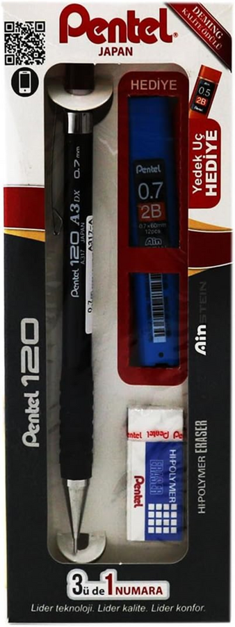 PENTEL 120A3 (VERS.+SİLGİ+MİN) 3'LÜ TAKIM SİYAH