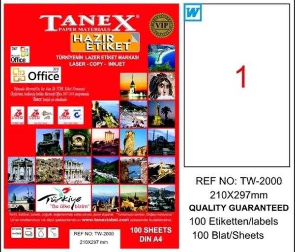 Tanex 210X297mm A4 Laser Etiket 100'Lü (Tw-2000)