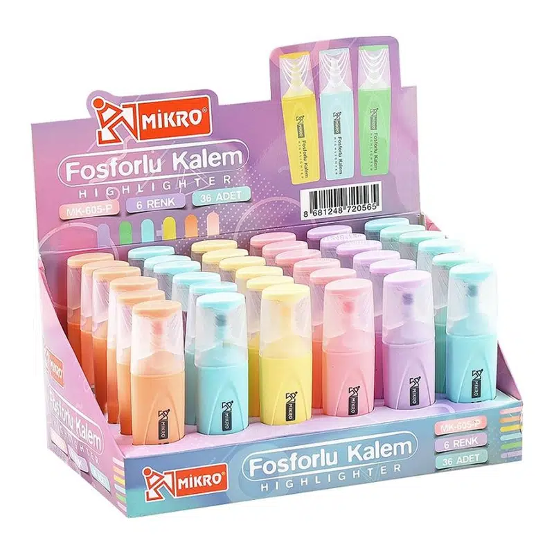 Mikro MK-605P-36 Pastel Renkli Fosforlu Kalem 36'lı