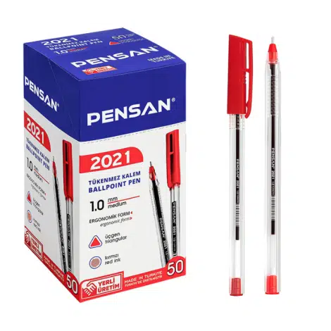 Pensan 2021 Şeffaf Üçgen Tükenmez Kalem Kırmızı