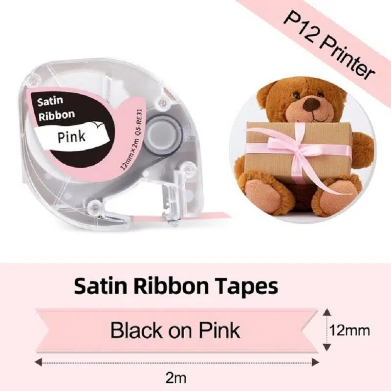 Phomemo Q5-RE31 Saten Pembe Üzerine Siyah 12mmx2m (Pink) P12/P12pro ve Dymo LetraTag Uyumlu