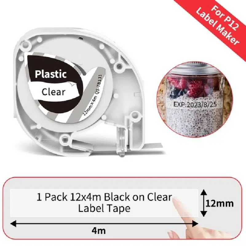 Phomemo Q5-TB131 Plastik Şeffaf Üzerine Siyah 12mmx4m (Clear) P12/P12pro ve Dymo LetraTag Uyumlu