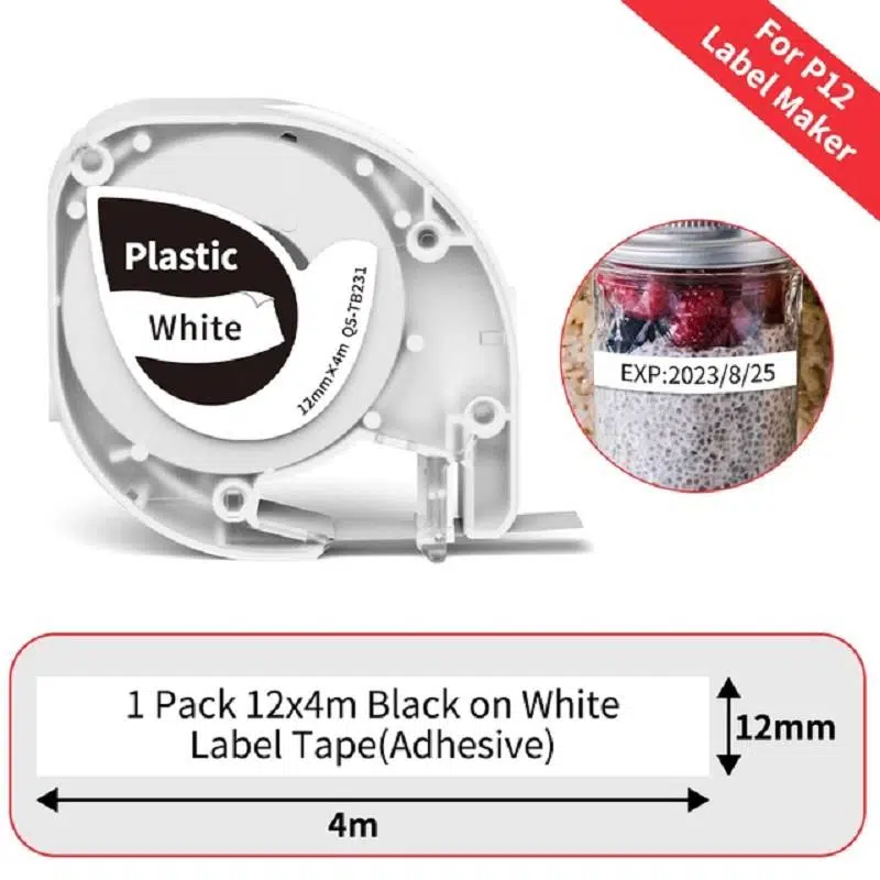 Phomemo Q5-TB231 Plastik Beyaz Üzerine Siyah 12mmx4m (White) P12/P12pro ve Dymo LetraTag Uyumlu