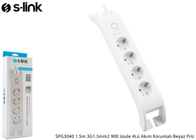 S-LINK SPG3040 2mt 3G 1,5mm2 900 JOULE 4'LÜ AKIM KORUMALI BEYAZ PRİZ