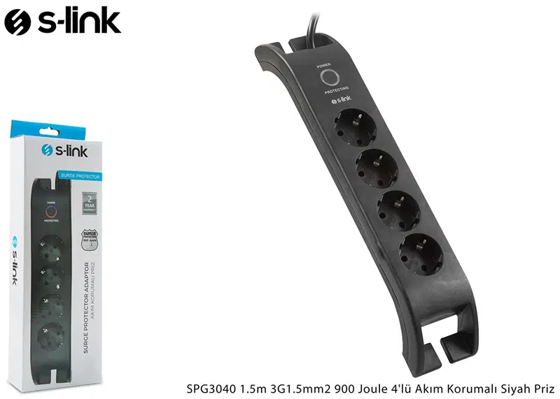S-LINK SPG3040 2mt 3G 1,5mm2 900 JOULE 4'LÜ AKIM KORUMALI SİYAH PRİZ