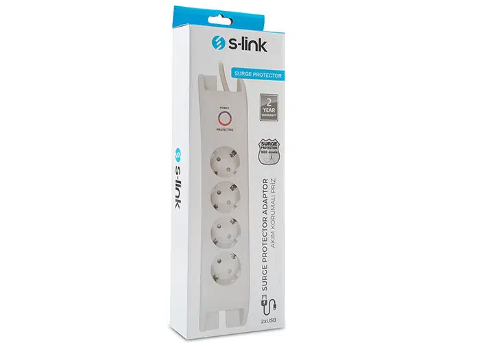 S-LINK SPG3041 2mt 2xUSB=2.4a 3G 1,5mm2 900 JOULE 4'LÜ AKIM KORUMALI BEYAZ PRİZ