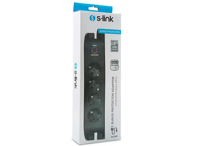 S-LINK SPG3041 2mt 2xUSB=2.4a 3G 1,5mm2 900 JOULE 4'LÜ AKIM KORUMALI SİYAH PRİZ