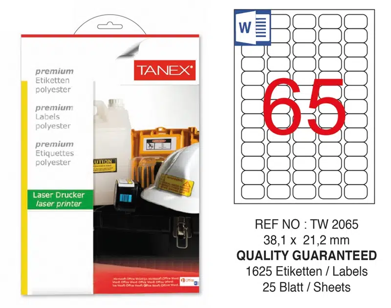 Tanex TW-2065 Polyester Laser Etiket (38,1x21,2) 25'li