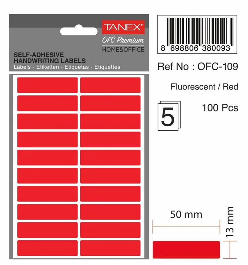 Tanex Ofc-109 Flo Kırmızı Etiket 50mmx13mm 5syf (200'lü)