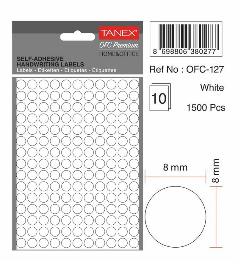 Tanex Ofc-127 Beyaz Etiket Çap 8mmx8mm 10syf (1500'lü)