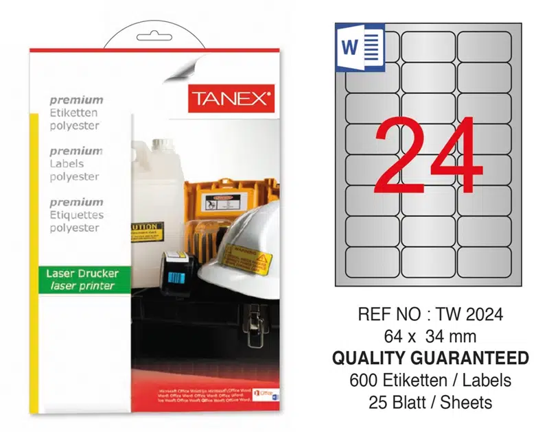 Tanex TW-2024 Silver Laser Etiket 25'li (64x34)