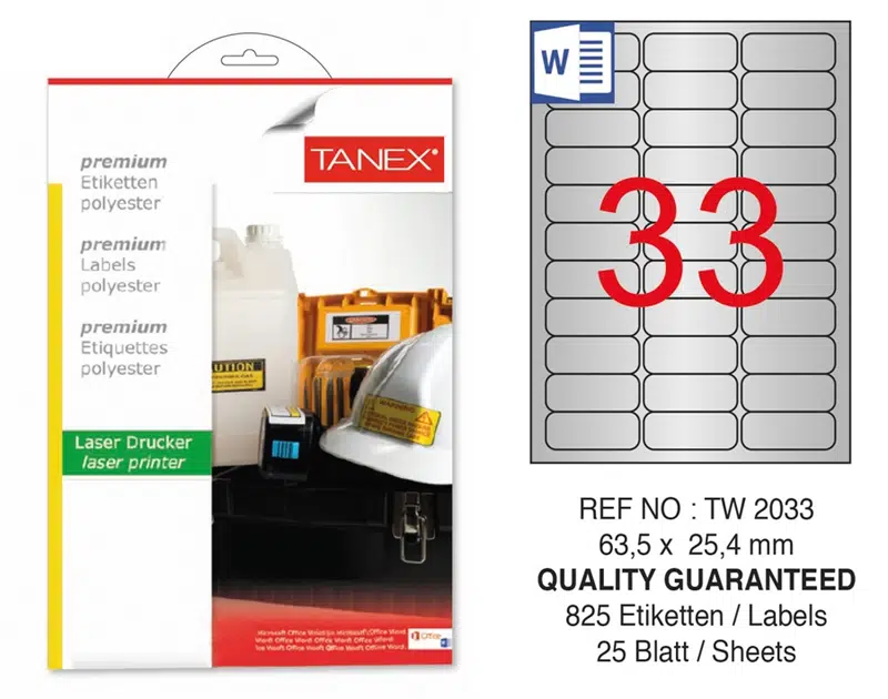 Tanex TW-2033 Silver Laser Etiket 25'li (63,5x25,4)
