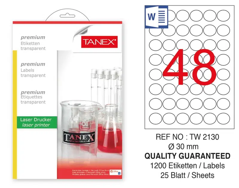 Tanex TW-2130 Şeffaf Laser Etiket 25'li (30mm)